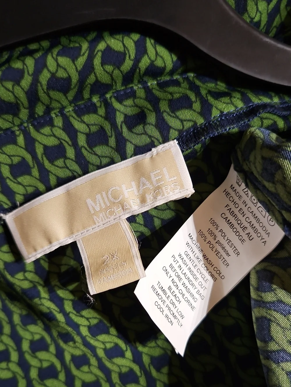 Michael Kors Navy Blue Green Equestrian Chain Print 3/4 Sleeve V-Neck Top